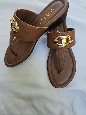 Unisa Brown Thong Sandals with Gold Buckle Accent